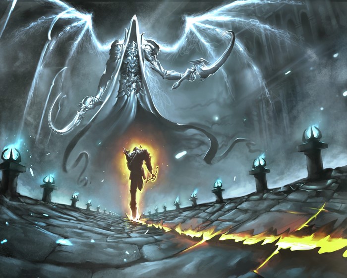 Malthael from Diablo III facing a warrior