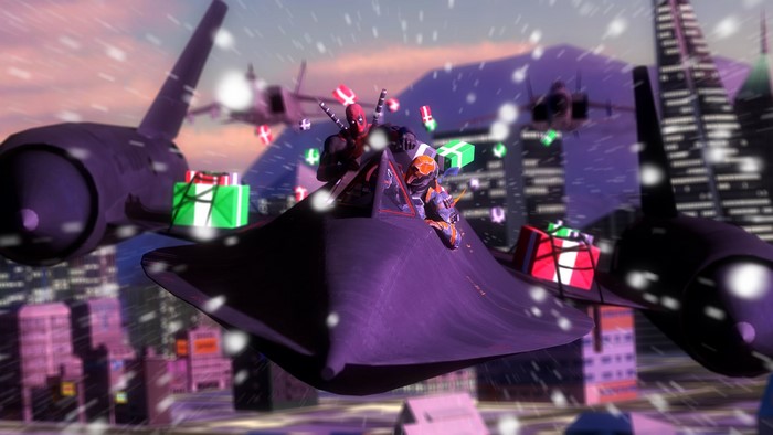 Deadpool and companion flying in a jet with gifts