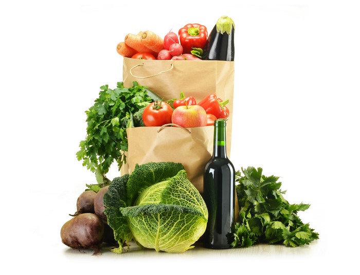 Vegetables and a bottle of wine