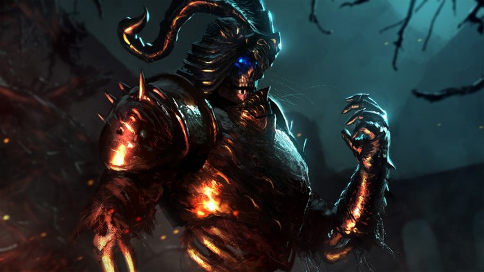 Demon warrior with glowing blue eyes and horns