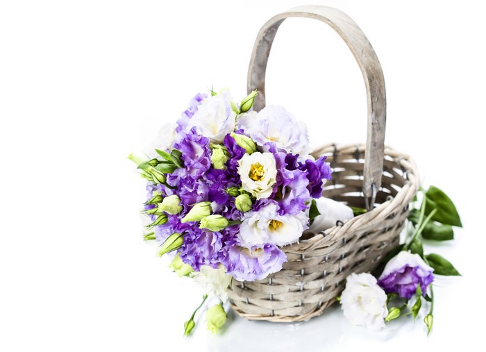 Eustoma flowers in a wicker basket