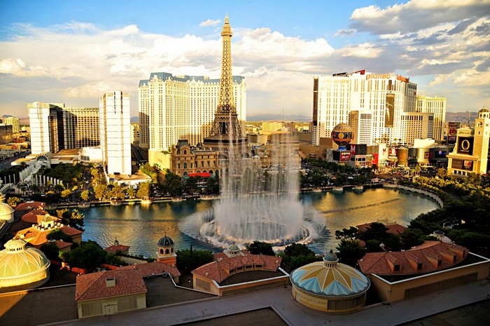 Las Vegas Strip with Eiffel Tower and Bellagio Fountains