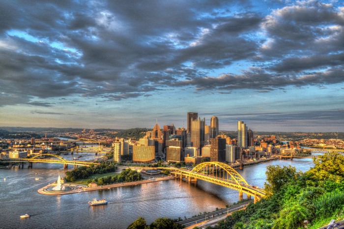 Pittsburgh skyline with bridges over rivers