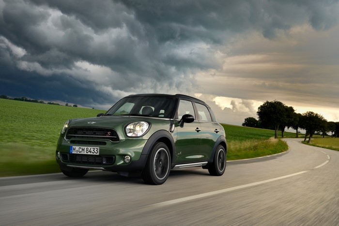 Green 2014 Mini Countryman Cooper S on a country road