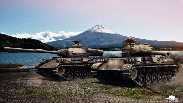 Two Type 61 tanks in front of Mount Fuji