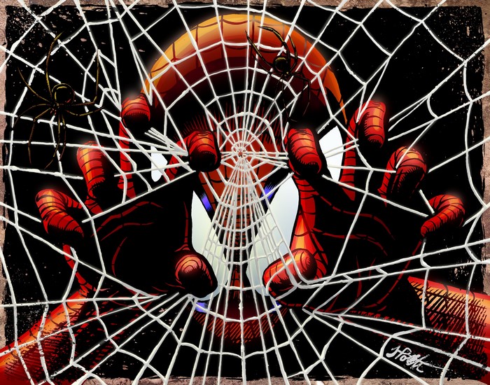 Spiderman caught in a spider web