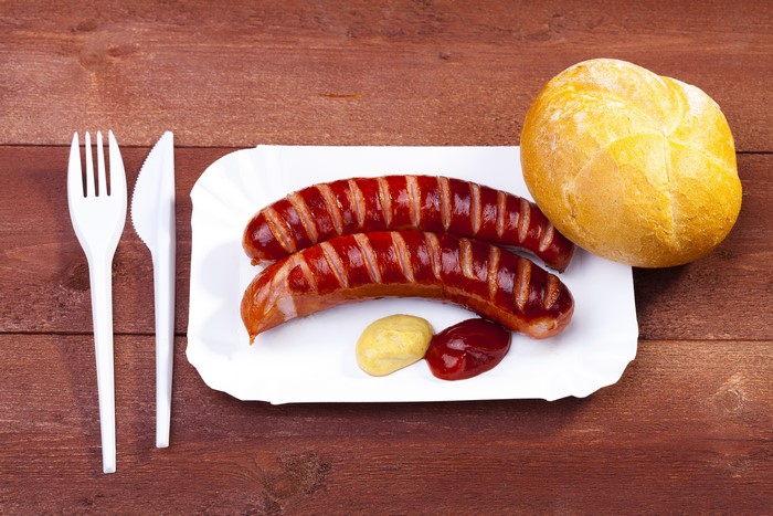 Grilled Sausages with Ketchup, Mustard, and a Bun