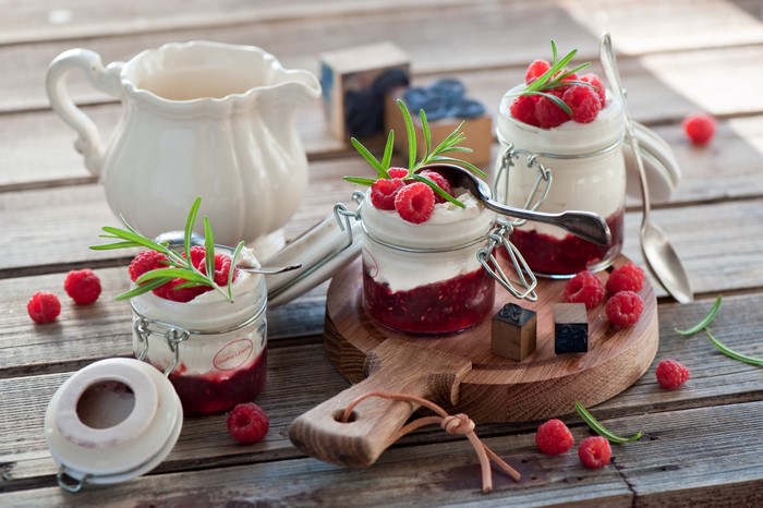 Raspberry Jam Desserts in Jars with Rosemary