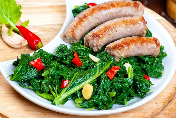 Sausages with Sautéed Greens and Chili