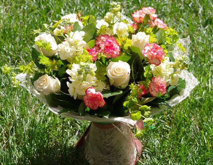 Bouquet of Roses and Carnations on Grass