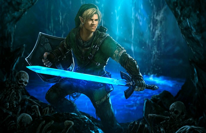 Link from The Legend of Zelda with glowing sword and shield