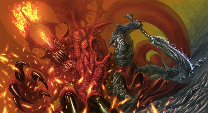 Demon Warrior Fighting a Fiery Dragon
