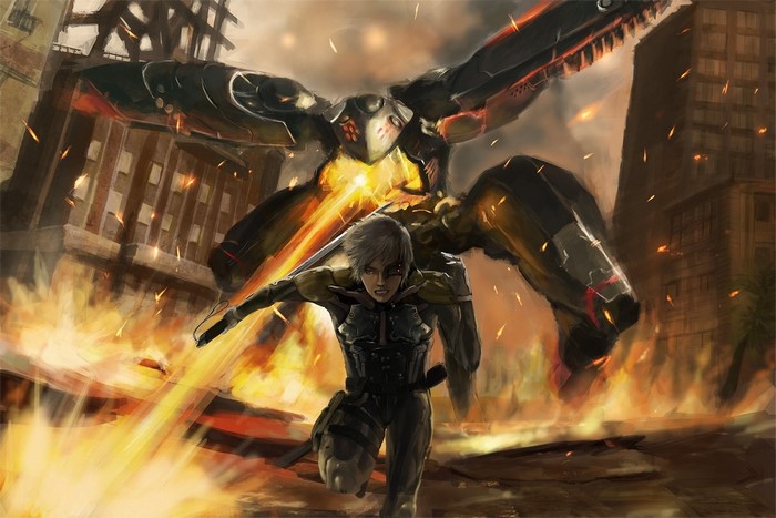 Raiden from Metal Gear fighting a large robot in a burning city