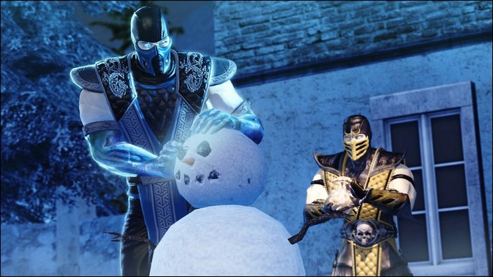 Sub-Zero and Scorpion from Mortal Kombat building a snowman
