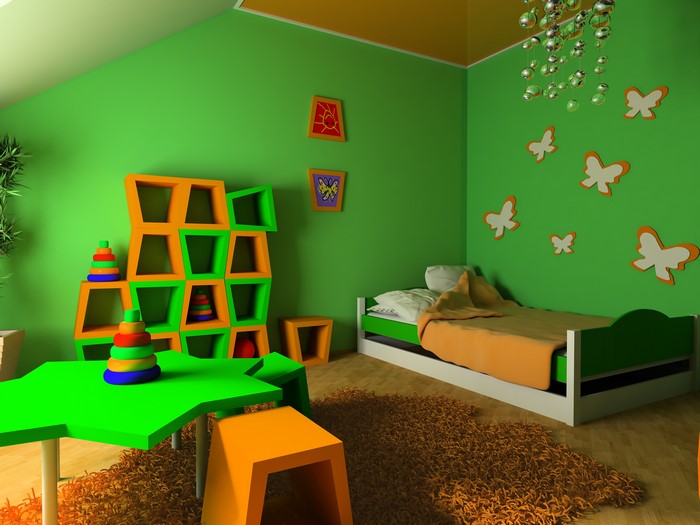 Children's room interior design with toys and bed