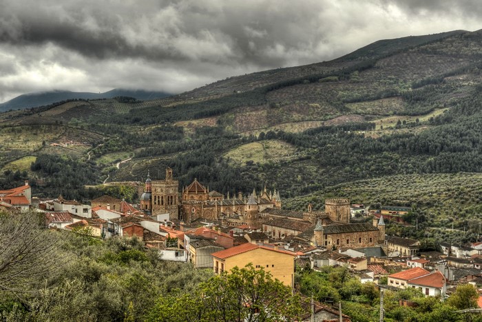 View of a town with a cathedral in Caceres, Spain