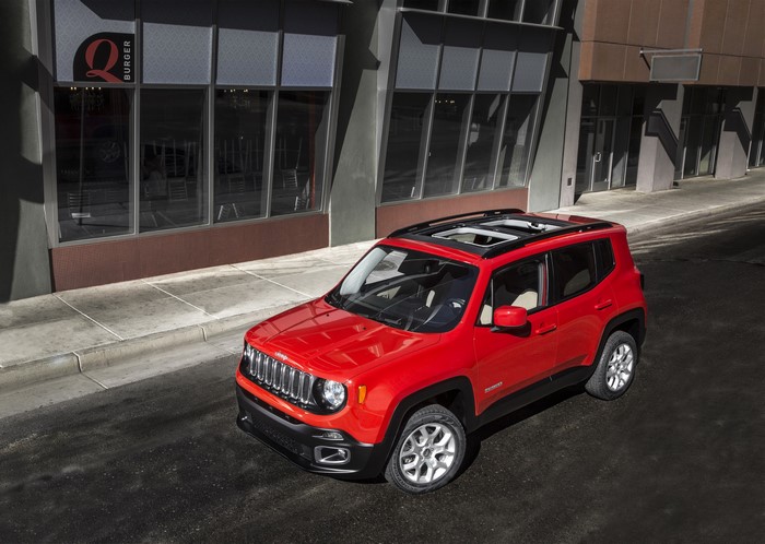 Red Jeep Renegade parked on a city street
