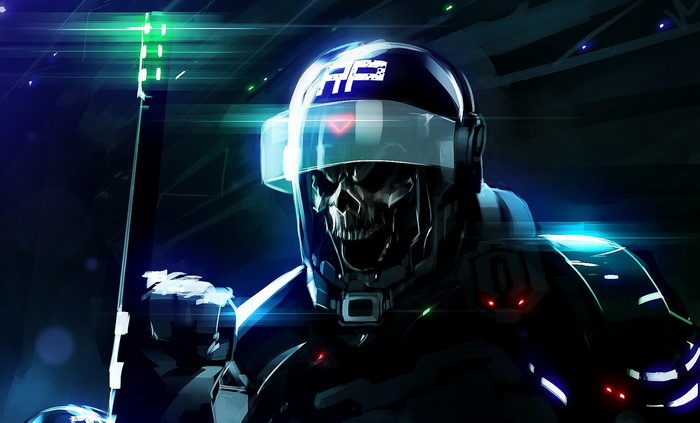 Skeleton warrior in futuristic armor with visor