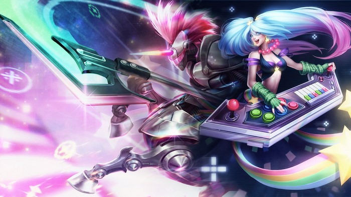 Sona from League of Legends with a robot and arcade controller