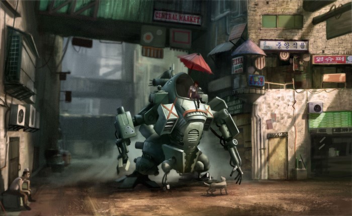 Mech with pilot and dog in a market