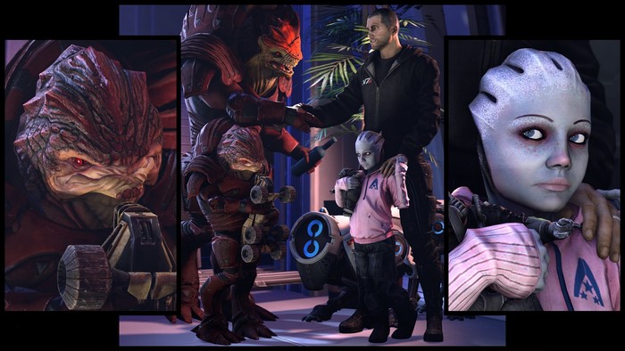 Urdnot Wrex, Shepard, and Asari from Mass Effect