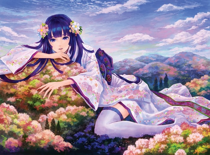 Girl in Kimono Among Flowers and Mountains