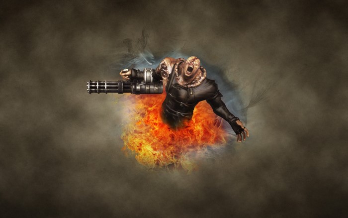 Nemesis from Resident Evil with a Minigun