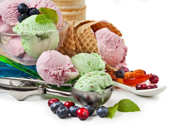 Ice cream with berries and waffle cones