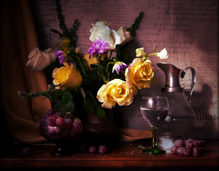 Still-life with roses, grapes, and a pitcher