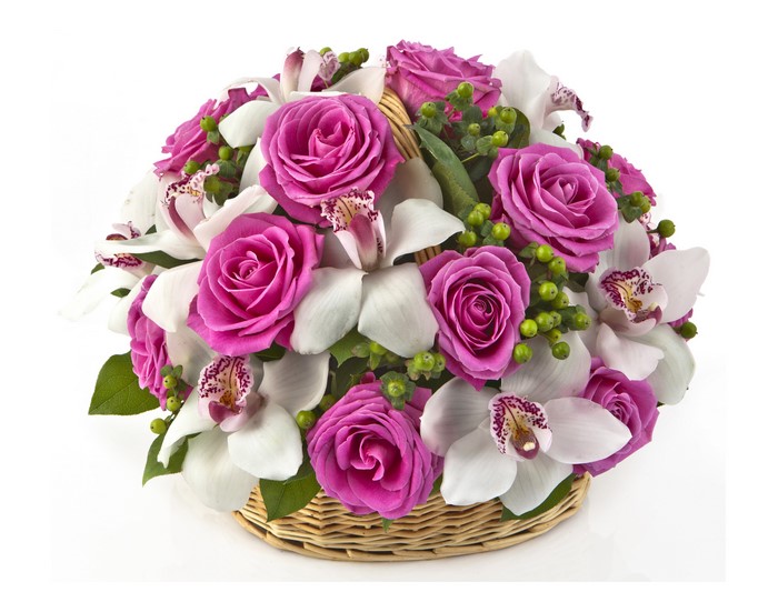 Pink Roses and White Orchids in a Wicker Basket