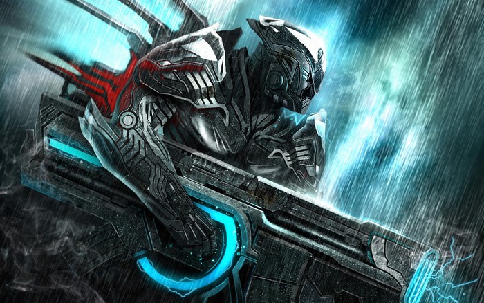 Armored Warrior with Large Gun in Rain