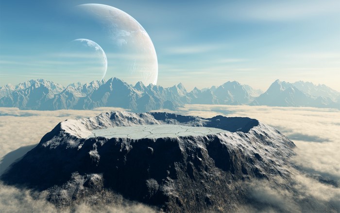Crater on a snowy planet with two moons