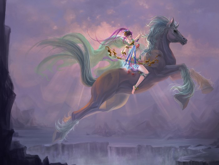 Girl Archer Riding Horse in Sky