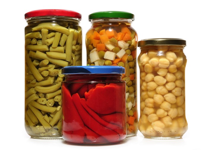 Jars of pickled vegetables and chickpeas