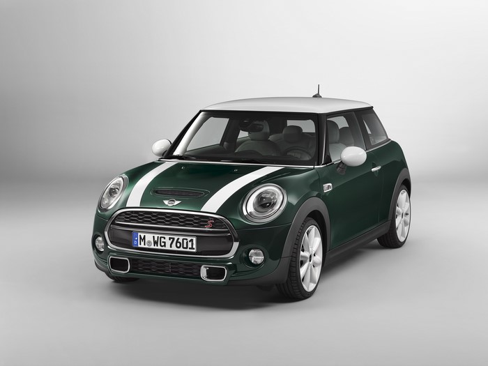 Green 2014 Mini Cooper SD with White Stripes