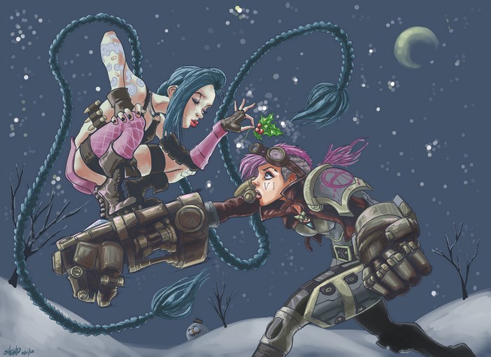 Jinx and Vi from League of Legends under mistletoe