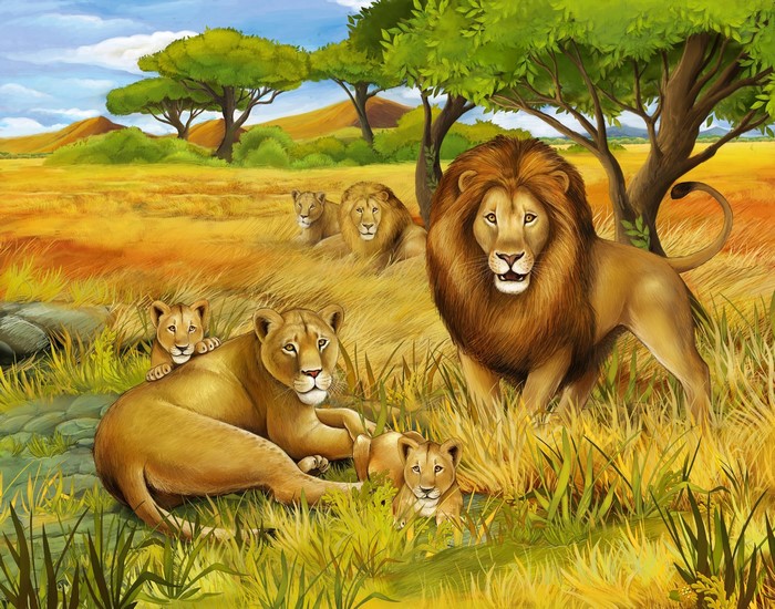 Lion family in the African savanna