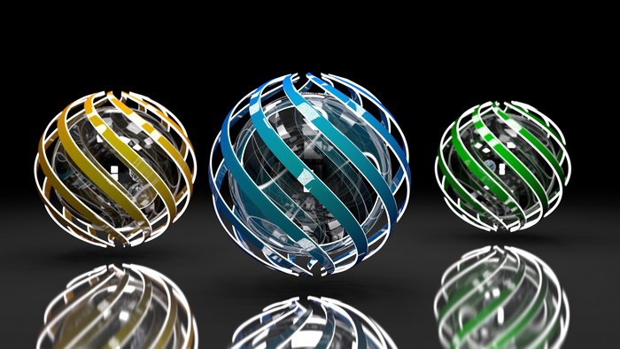 Three abstract geometric balls with reflections