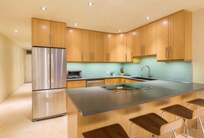 Modern Kitchen with Bamboo Cabinets and Stainless Steel Appliances