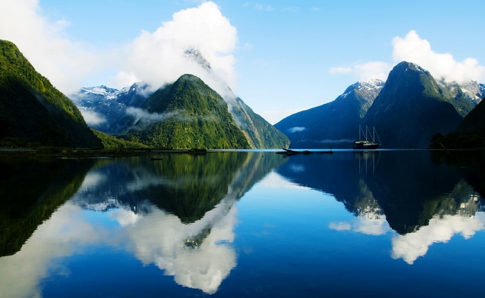 Milford Sound, New Zealand with a boat