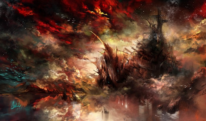 Fantasy world with ships in the sky