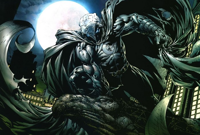 Moon Knight from Marvel standing on a gargoyle