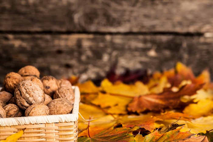 Walnuts in a basket with autumn leaves