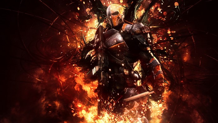 Deathstroke from Batman: Arkham Origins with explosions