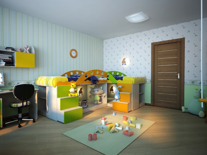 Children's room with bunk beds and toys