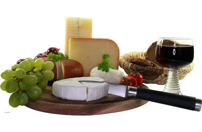 Still-life of cheese, grapes, bread, and red wine
