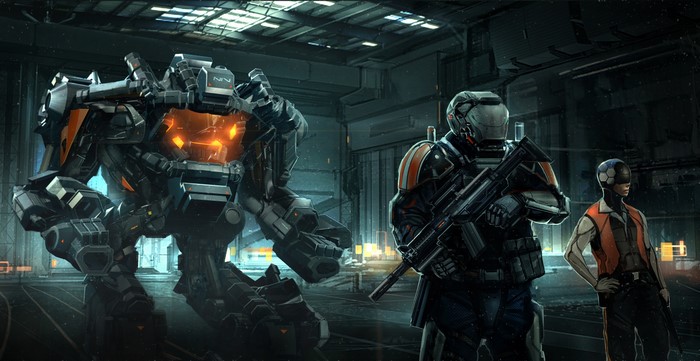 Mech and soldiers in a futuristic hangar