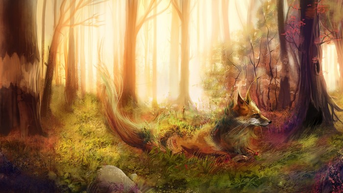 Fox in a sunlit forest painting