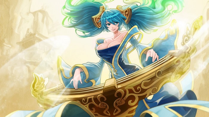 Sona from League of Legends playing a stringed instrument