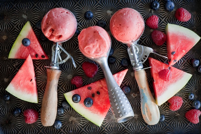 Watermelon and berry ice cream with fruit